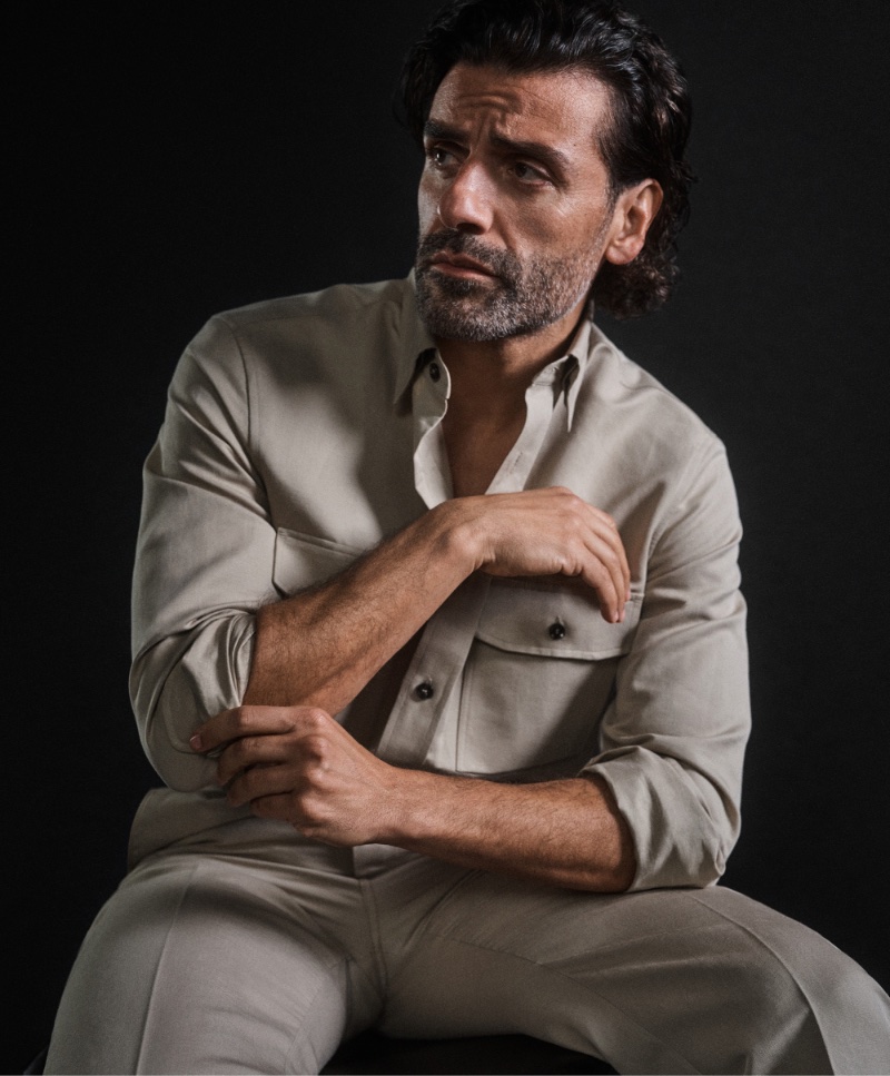 Oscar Isaac wears a khaki outfit for Brioni's spring-summer 2024 campaign.
