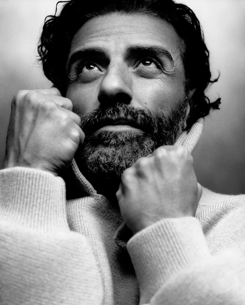 Actor Oscar Isaac appears in a close-up shot for his Fear of God campaign.