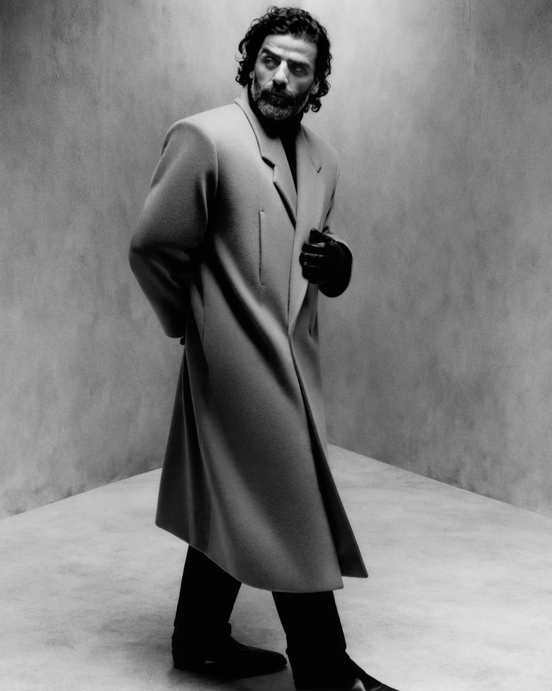 Wearing a sleek coat, Oscar Isaac appears in the Fear of God Collection 8 ad.