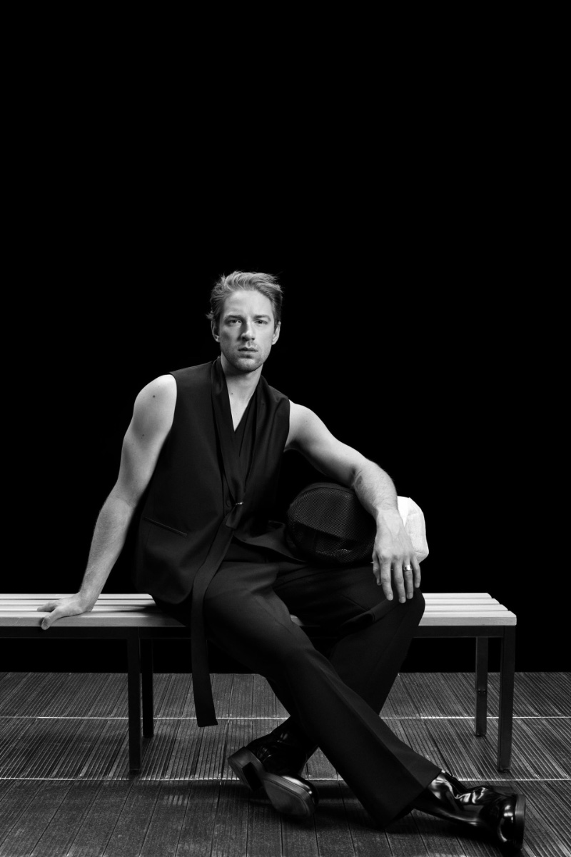 Race Imboden strikes a contemplative pose in Zara's sleek monochromatic ensemble.