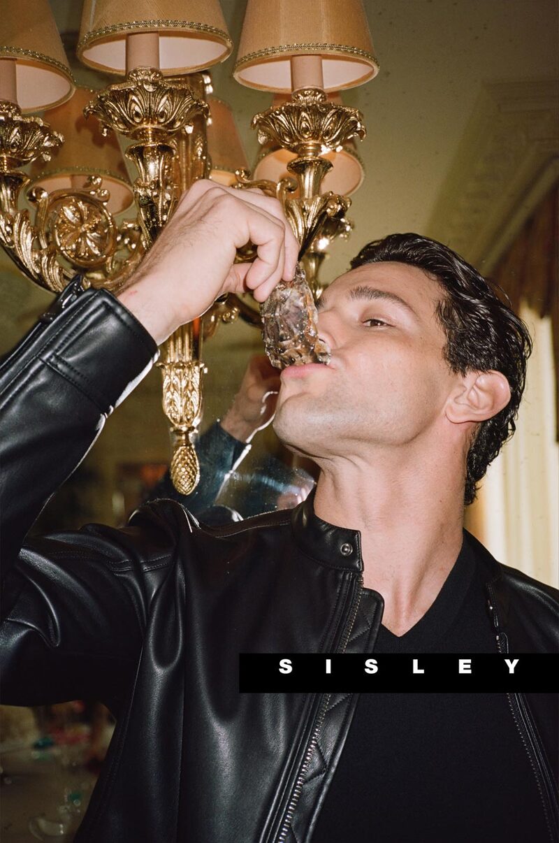 Giacomo Cavalli rocks a black leather jacket for Sisley's spring-summer 2024 campaign.