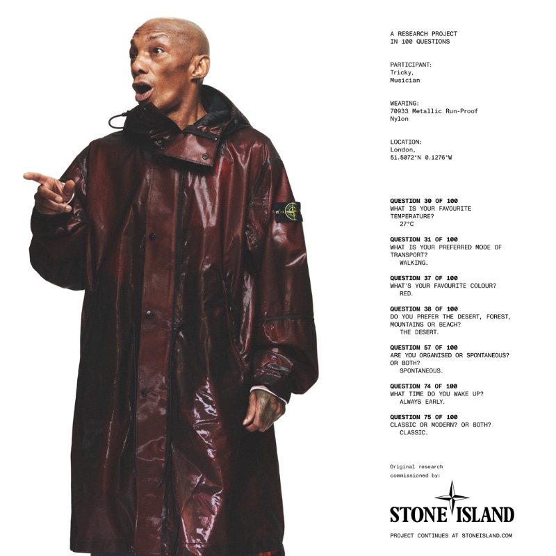 Tricky wears Stone Island's 70933 metallic run-proof nylon jacket for the brand's spring-summer 2024 campaign.