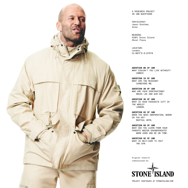 Jason Statham fronts Stone Island's spring-summer 2024 advertisement, wearing the brand's 433F1 Ghost Piece hooded jacket.