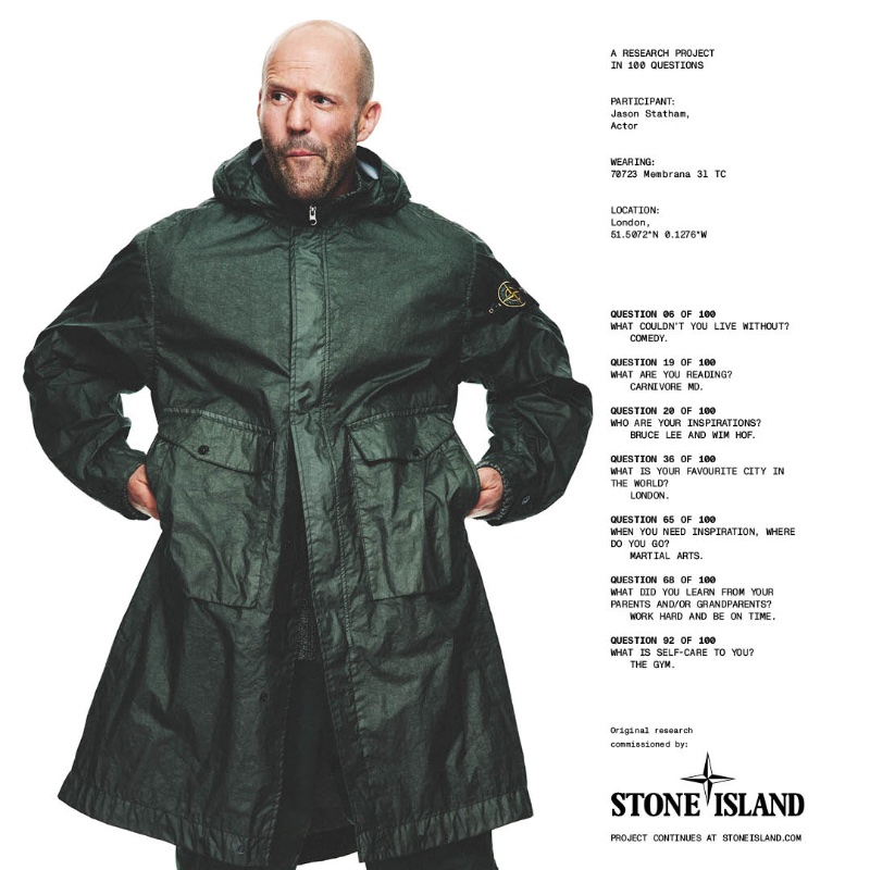 Actor Jason Statham wears Stone Island's 70723 Membrana 31 TC parka for the brand's spring-summer 2024 ad. 