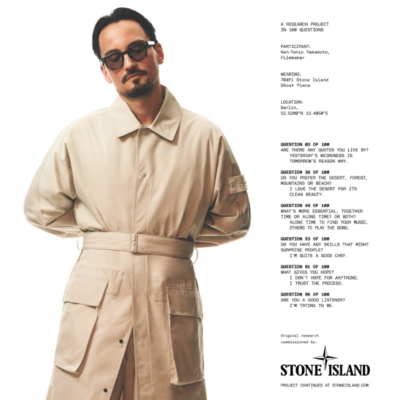 Ken-Tonio Yamamoto is a sleek vision for Stone Island's spring-summer 2024 campaign in a 704F1 Ghost Piece Mac.