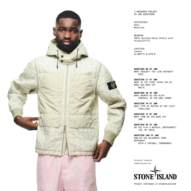 Musician Dave appears in Stone Island's spring-summer 2024 campaign, showcasing a 40731 quilted nylon Stella with Primaloft-TC hooded jacket. 