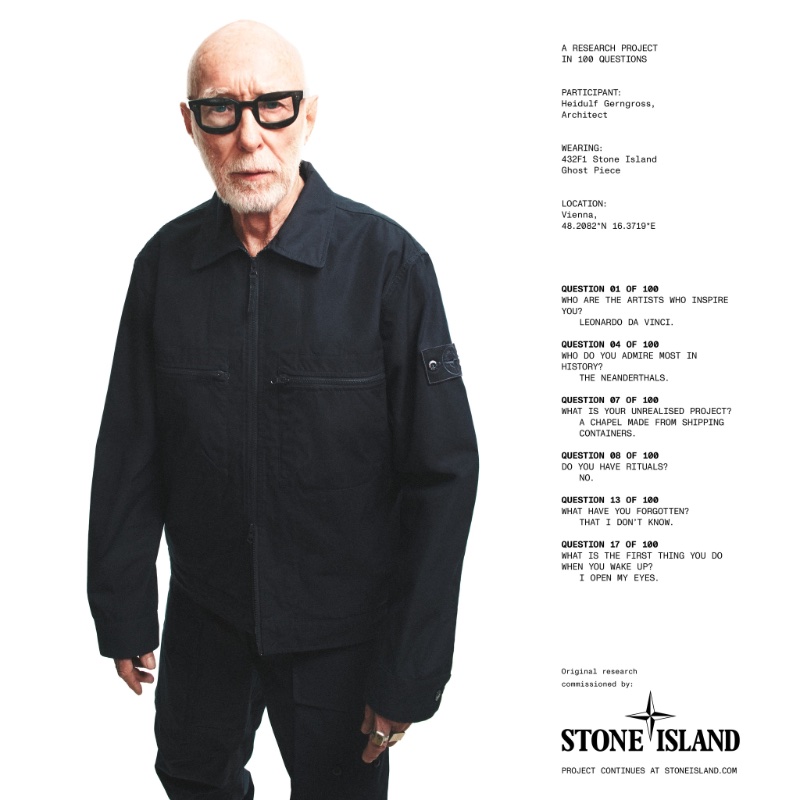Heidulf Gerngross appears in Stone Island's spring-summer 2024 campaign, wearing the brand's 432F1 Ghost Piece jacket. 
