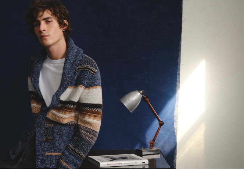 Liam Kelly models a Todd Snyder shawl neck cardigan.
