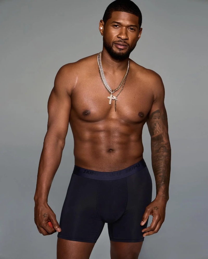 SKIMS' men's essentials are modeled by Usher, featuring the brand's boxer brief.