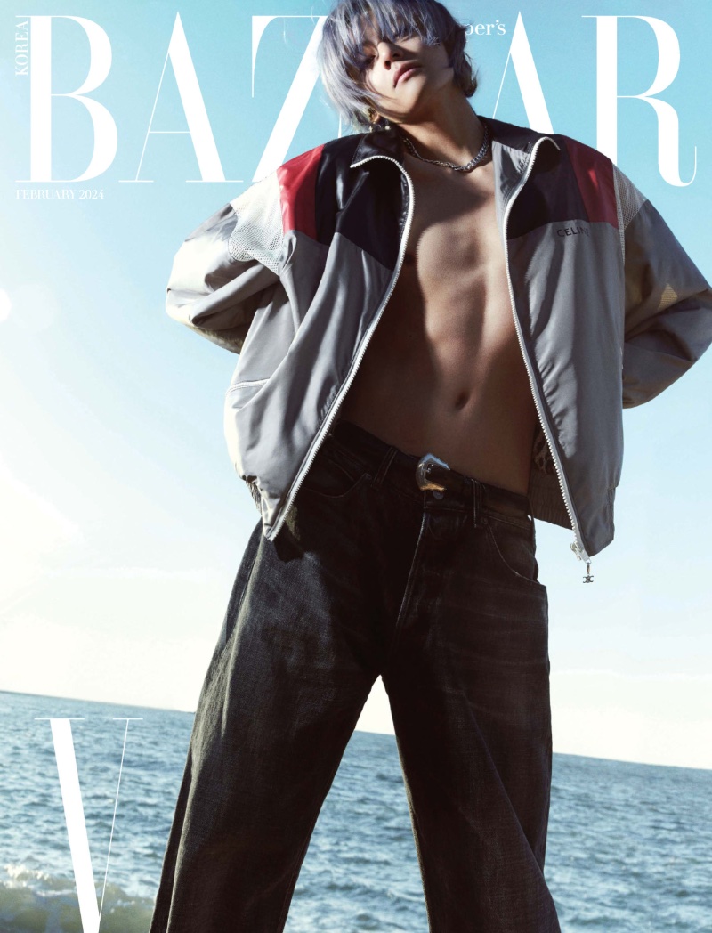 V sports a casual Celine outfit for the February 2024 cover of Harper's Bazaar Korea.