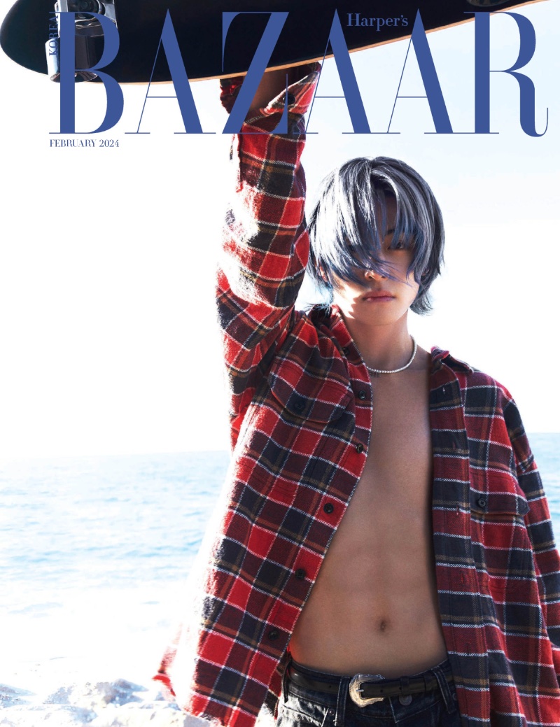 V wears a flannel Celine shirt for the February 2024 cover of Harper's Bazaar Korea.