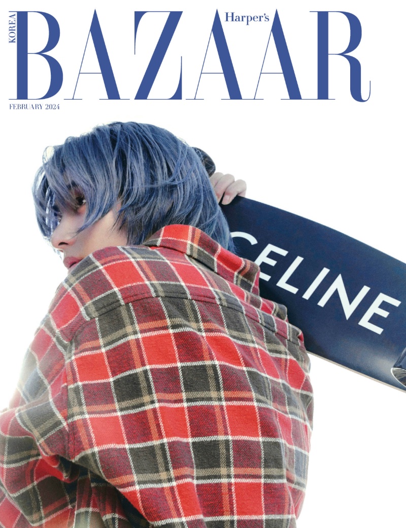 Taking hold of a Celine skateboard, V covers Harper's Bazaar Korea's February 2024 issue.