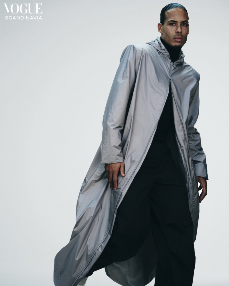 Taking the spotlight, Virgil van Dijk wears Rains for Vogue Scandinavia.