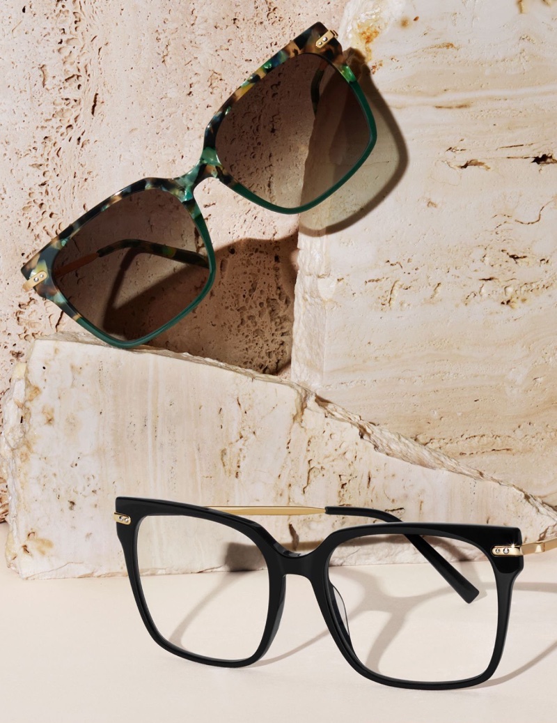 Vela Aventurine Tortoise with Polished Gold sunglasses and Rawlins Jet Black with Brushed Ink glasses. 