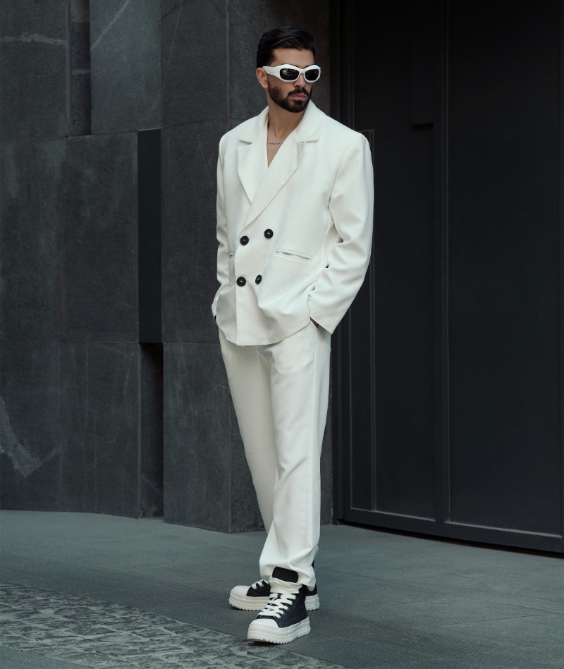White Double-breasted Suit Men Modern White Sunglasses