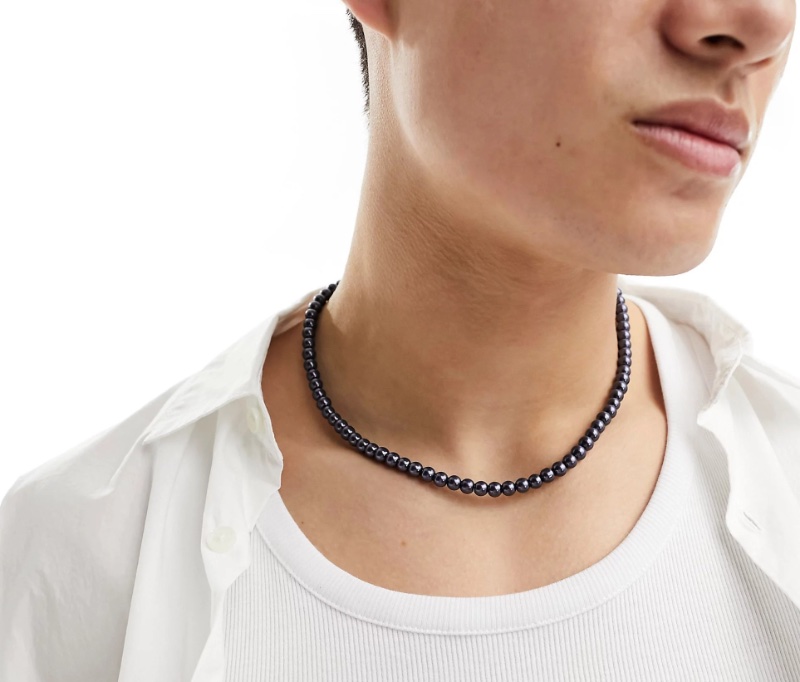 ASOS Design Faux Pearl Necklace Dark Gray