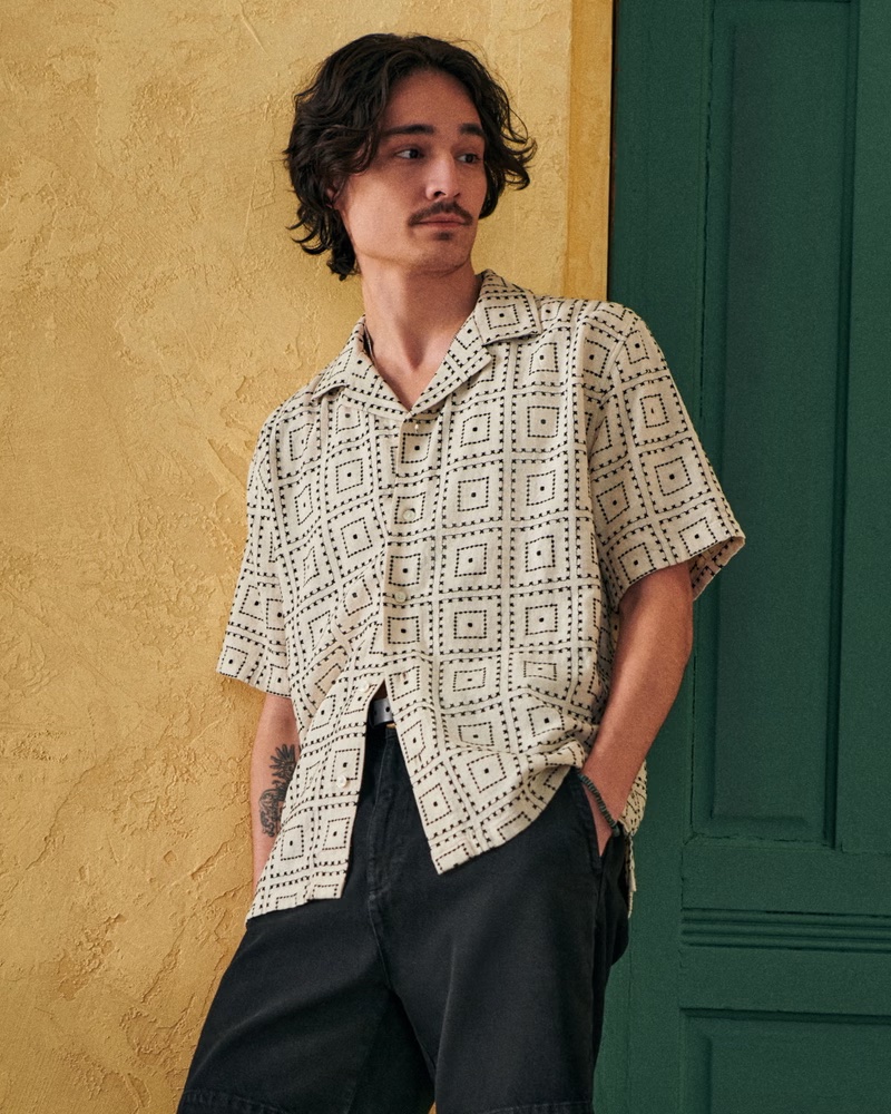 Abercrombie Fitch Camp Collar Summer Linen blend Embroidered Shirt Cream