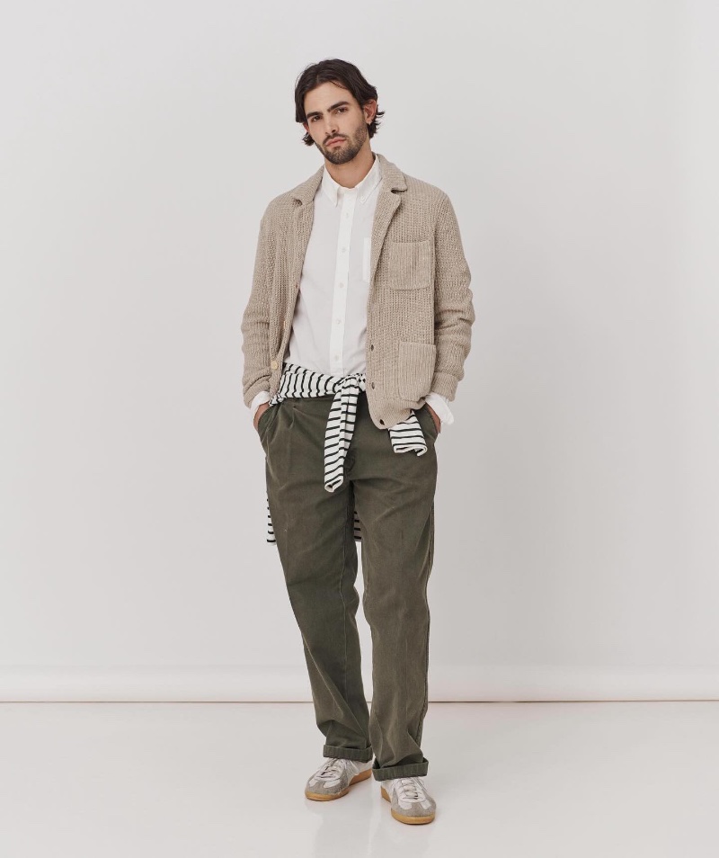 Gordon Winarick sports an Alex Mill linen-cotton Mitchell cardigan with double-pleated pants and a Mill shirt.