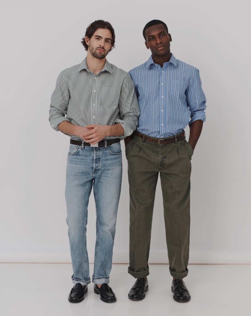 Models Gordon Winarick and Idriss Marcus wear Alex Mill’s striped Mill shirts with AM Original jeans and double pleated pants.