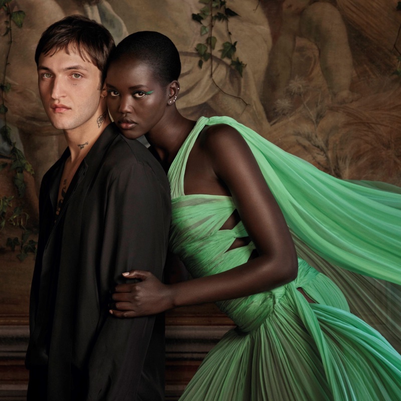 Models Anwar Hadid and Adut Akech star in the Valentino Born in Roma Green Stravaganza campaign.