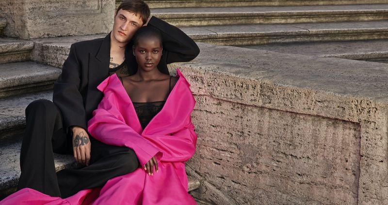 Anwar Hadid and Adut Akech front the Valentino Born in Roma Green Stravaganza advertisement. 