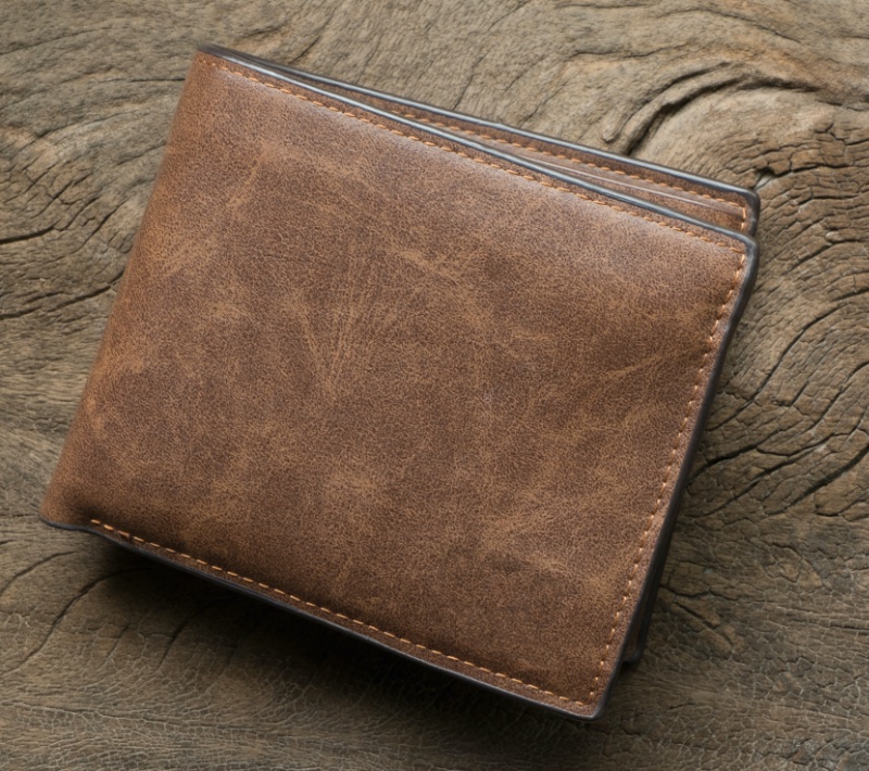 Brown Leather Wallet Wood Background