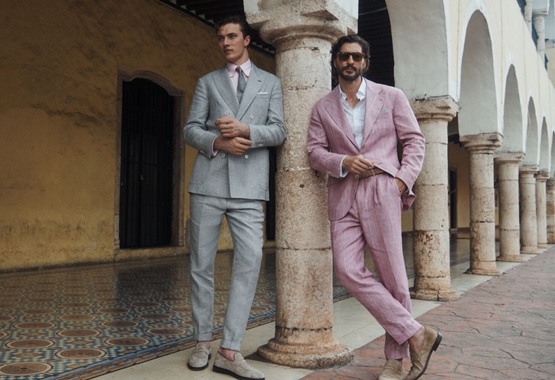 Models Lucky Blue Smith and Ryan Porter wear linen suits for Brunello Cucinelli's spring-summer 2024 campaign. 