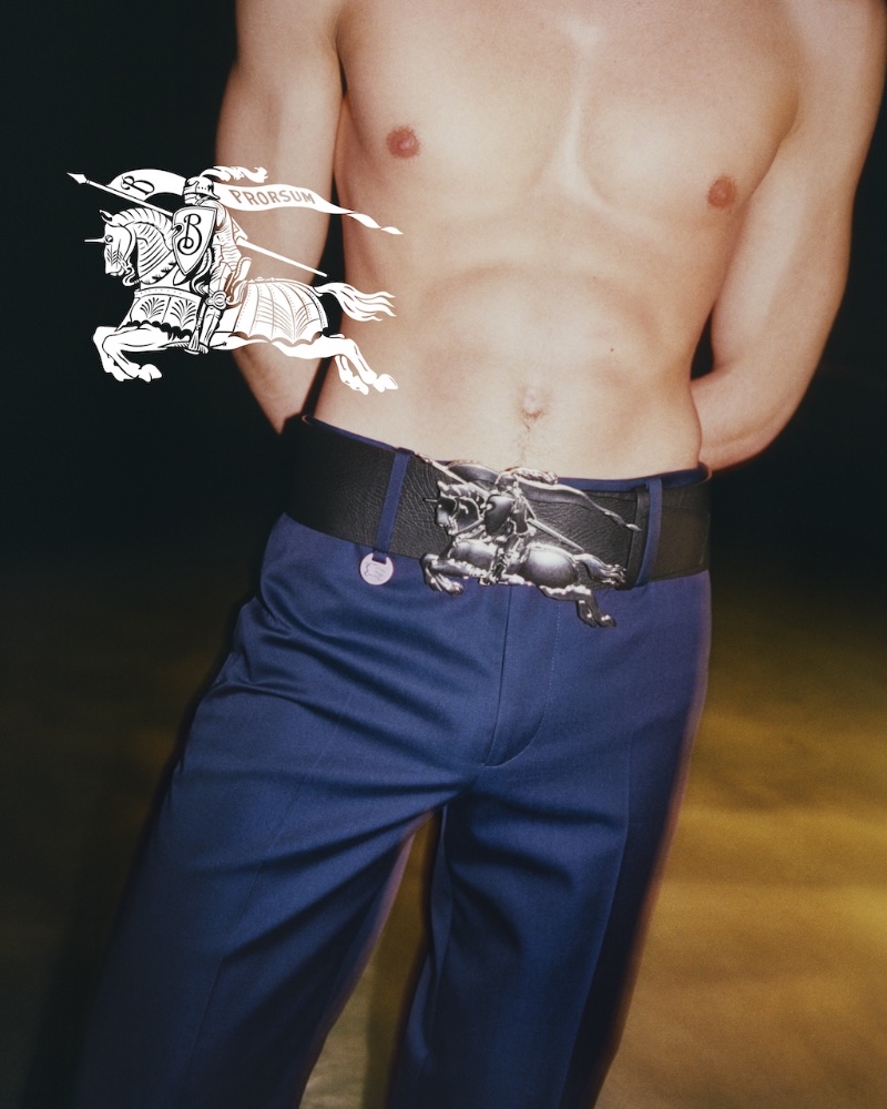 Burberry makes a bold statement with its wide leather Knight belt for its summer 2024 campaign.