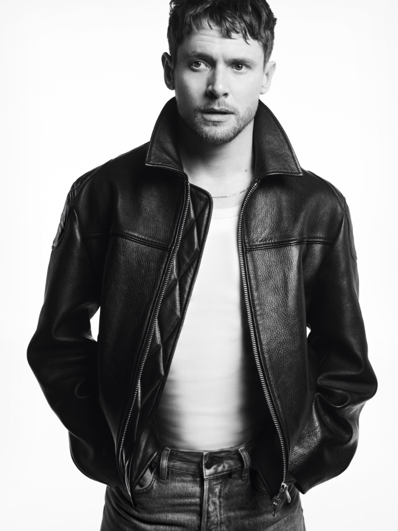 Jack O'Connell sports a leather jacket for COS' spring-summer 2024 advertisement. 