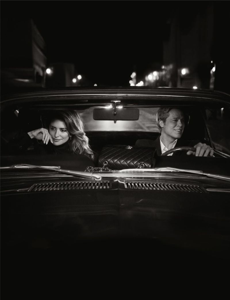 A nighttime drive with Brad Pitt and Penélope Cruz features the Chanel Iconic Handbag.
