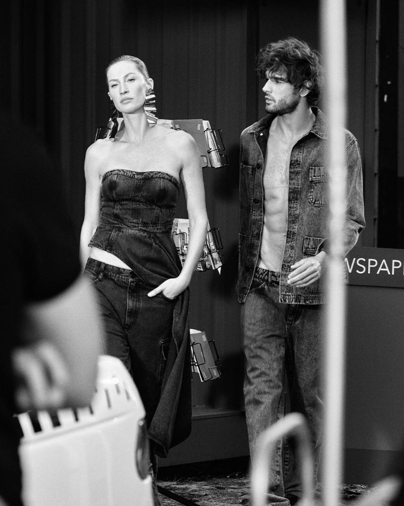 Behind the Scenes: Gisele Bündchen and Marlon Teixeira model denim for Colcci's fall 2024 campaign. 