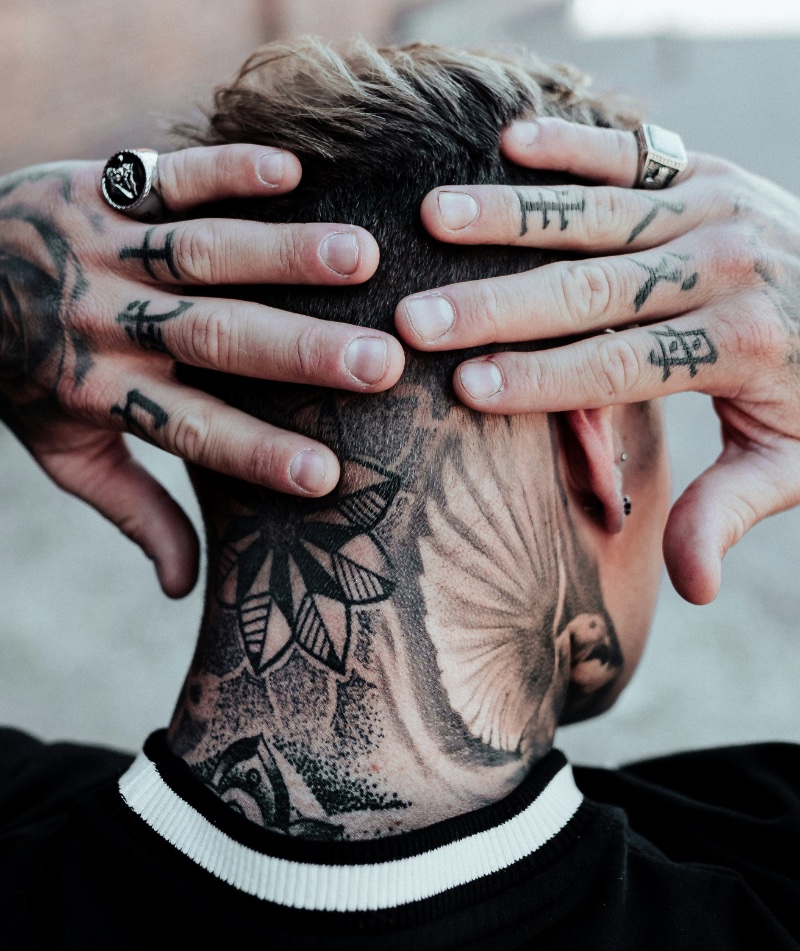 Finger Tattoos Hands Behind Head