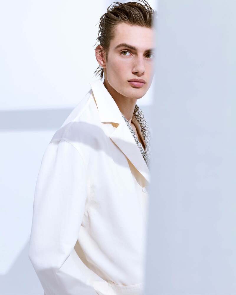 Thatcher Thornton wears a serene look from Giorgio Armani's spring-summer 2024 collection.