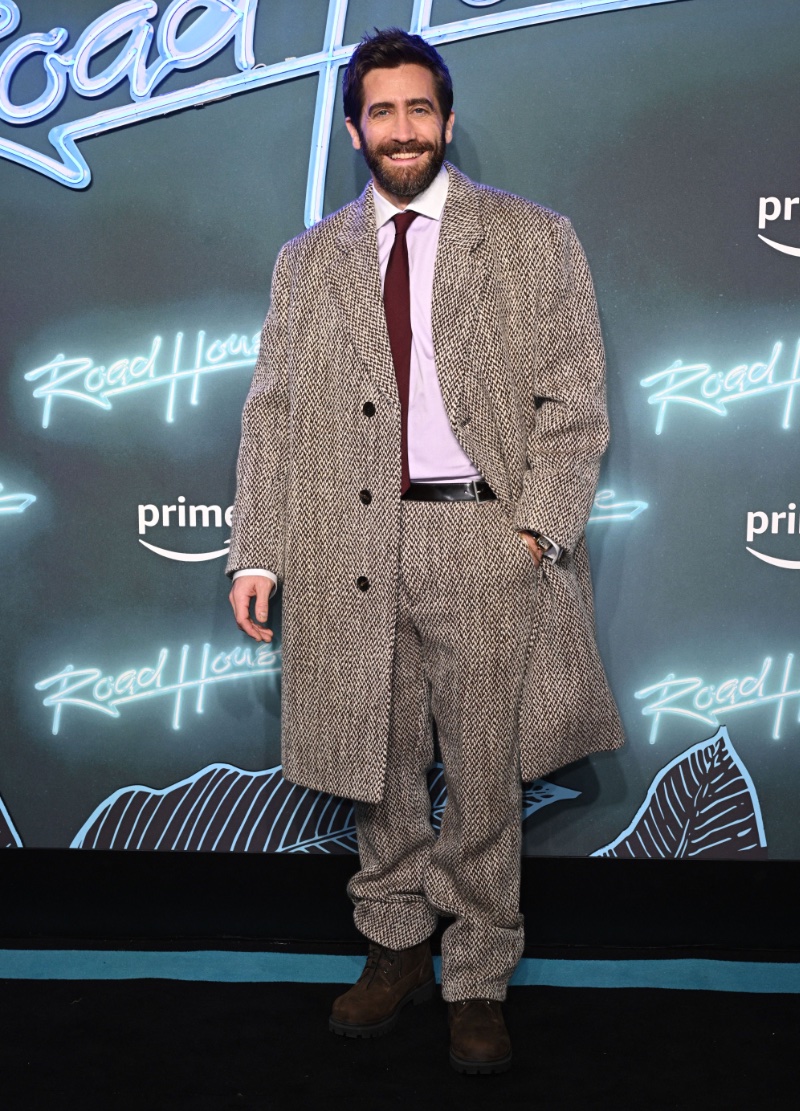 Jake Gyllenhaal wears a tweed outfit from Prada to the London premiere of Road House.