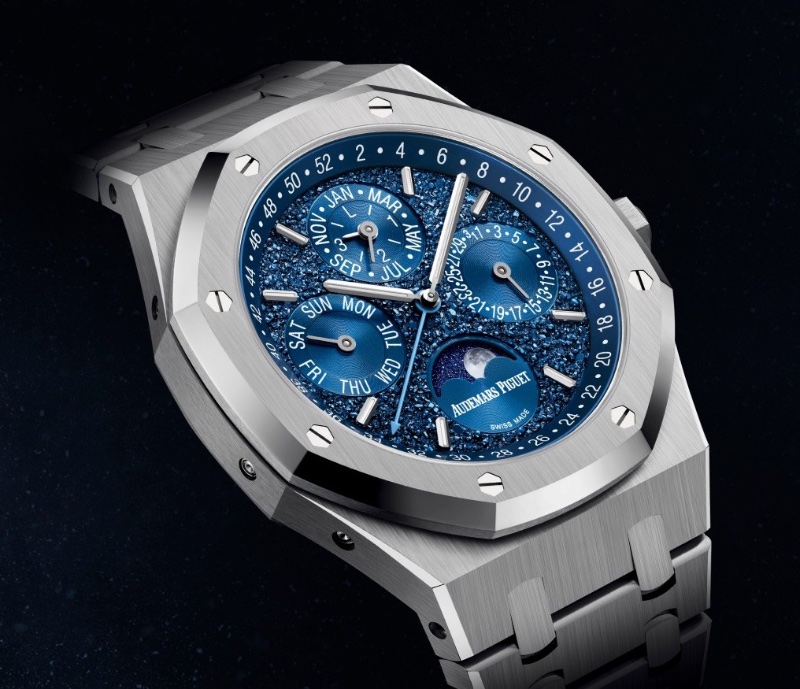 With its starry blue dial, the Audemars Piguet Royal Oak Perpetual Calendar watch marries celestial elegance with precise craftsmanship.