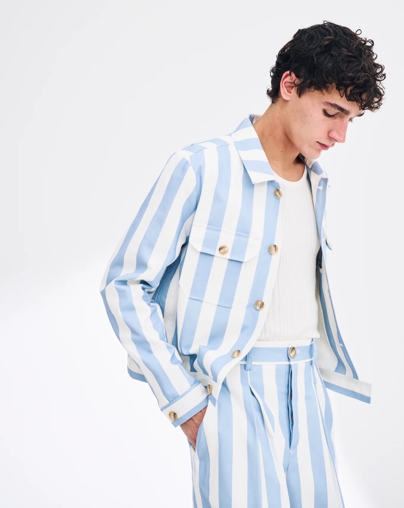 Carlos Galobart makes a breezy statement in King & Tuckfield's sky-blue striped set.