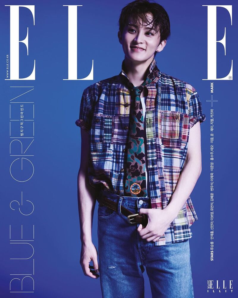 Mark Lee, clad in a Madras Polo Ralph Lauren shirt and jeans, delivers a playful charm on Elle Korea's cover.