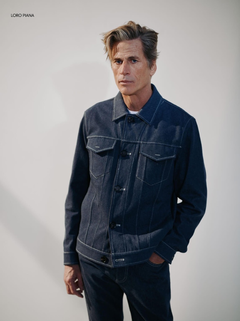 Model Mark Vanderloo wears double denim by Loro Piana.