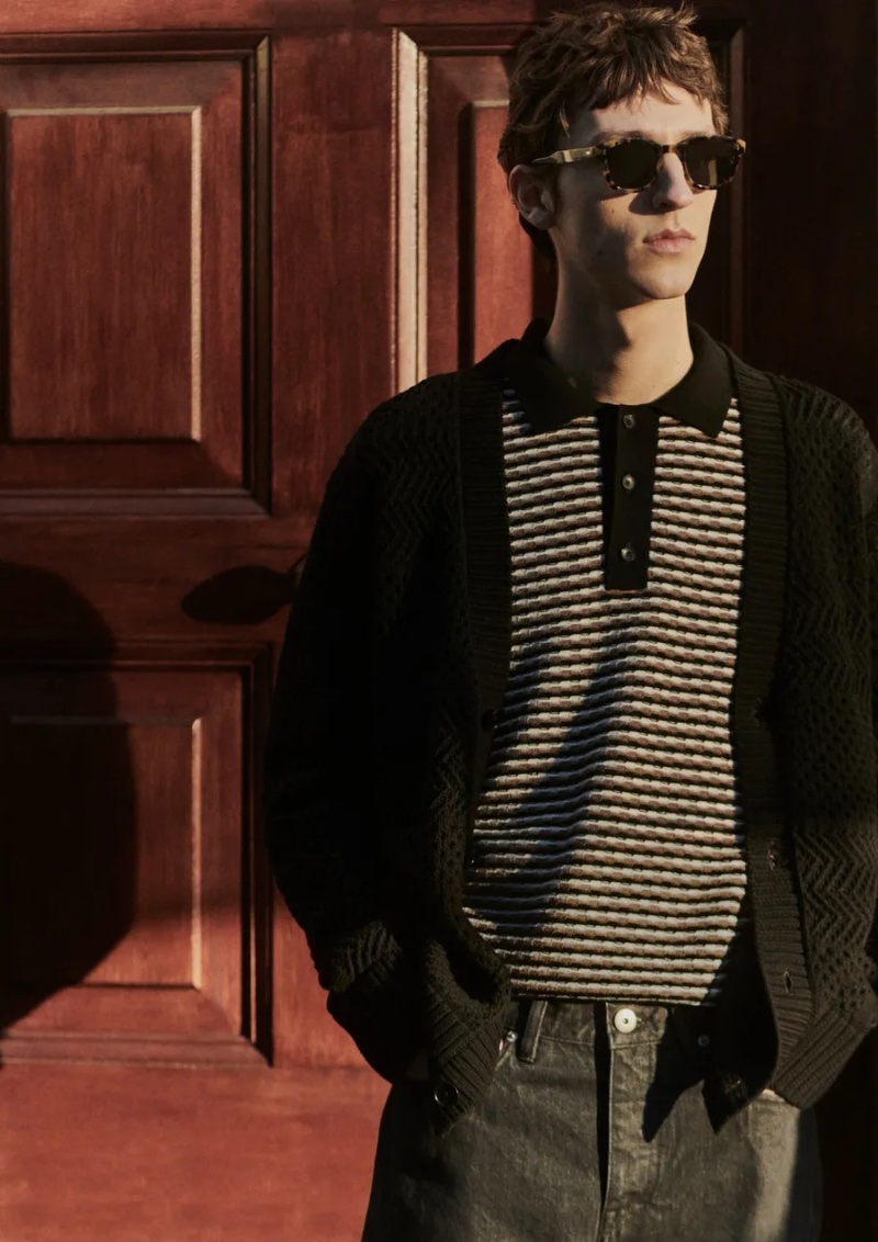 Embracing texture, Saul Symon wears a knit cardigan and polo from Mr P.'s spring 2024 collection.