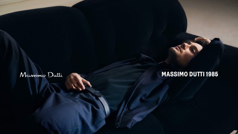Oli Green reclines in a navy number for the Massimo Dutti 1985 fragrance campaign. 