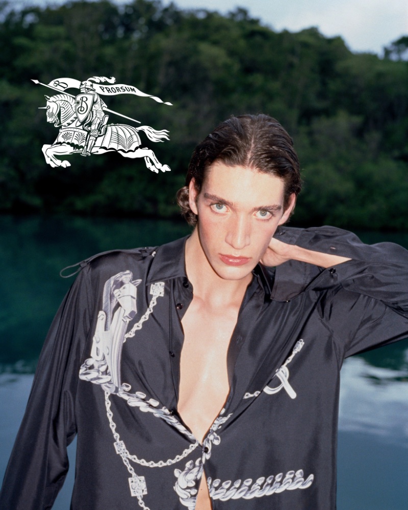 Taylor Gordon Bruce wears a silk shirt for Burberry's summer 2024 campaign.