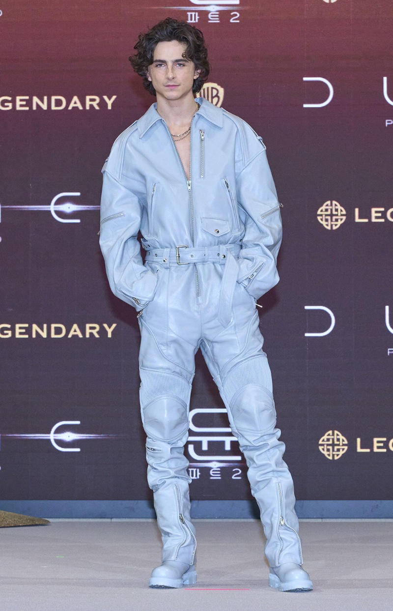 Timothée Chalamet makes a statement in a powder blue leather jumpsuit by JUUN.J for a Dune: Part Two press conference in South Korea.