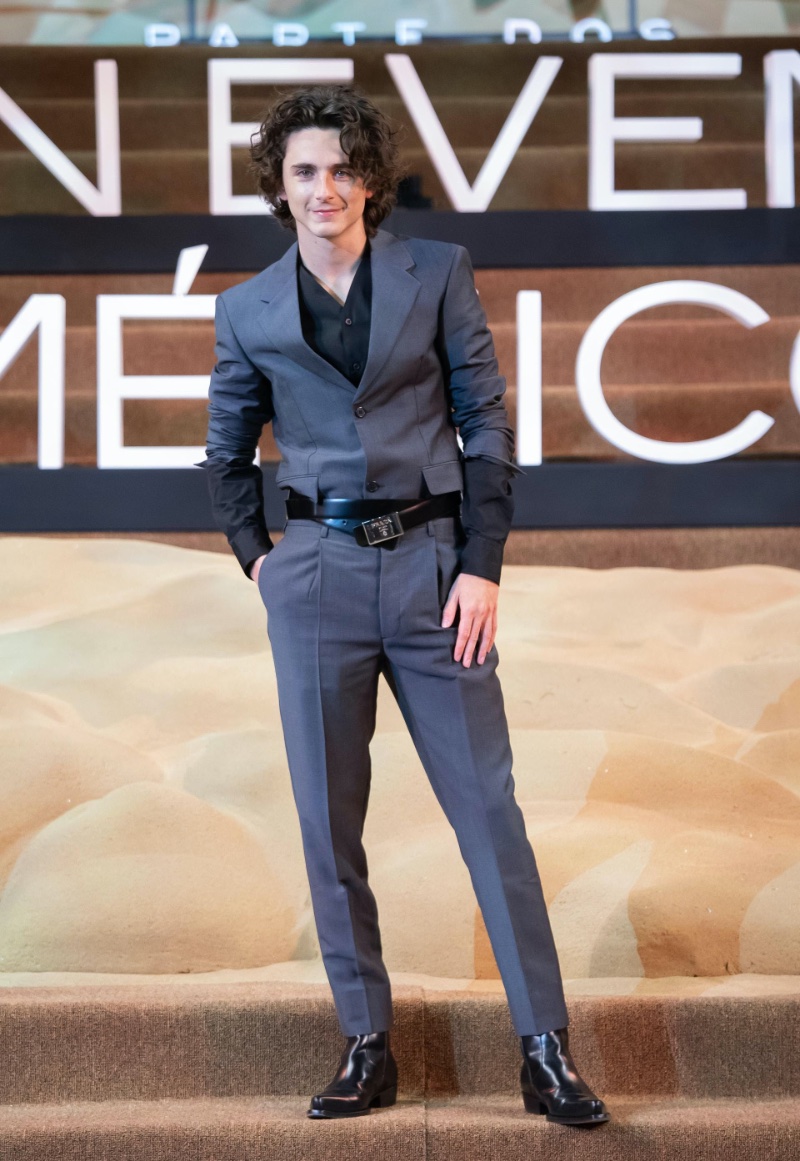 On February 6, 2024, Timothée Chalamet attended the premiere of Dune: Part Two in Mexico City, wearing a modern tailored look by Prada. 