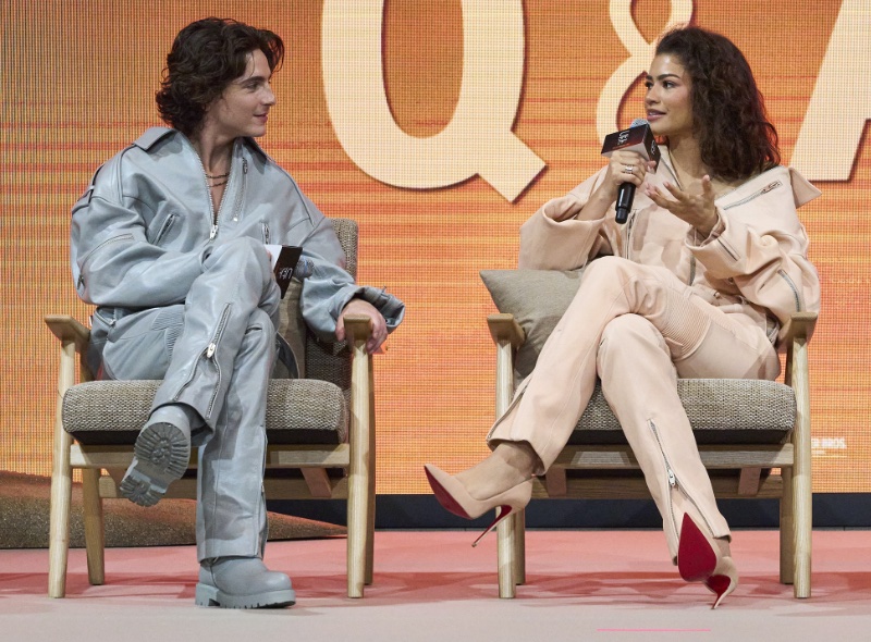 Timothée Chalamet and Zendaya have a matching his 'n' her moment in JUUN.J at a Dune: Part Two press conference in Seoul, Korea. 