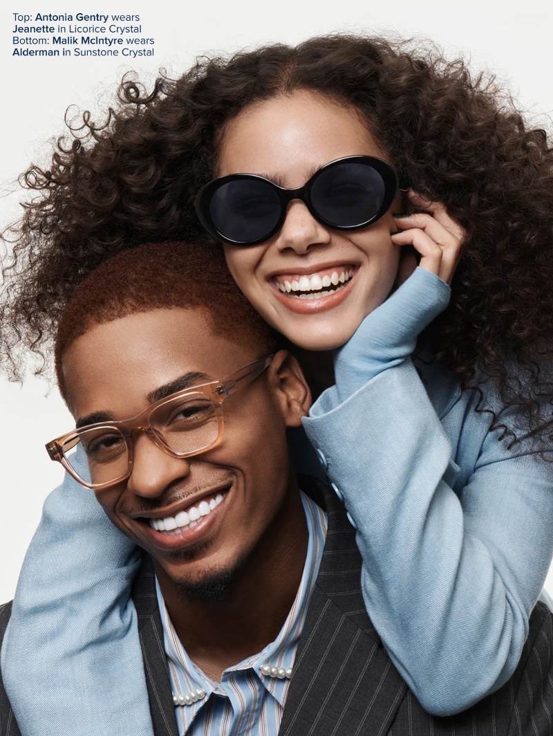 Antonia Gentry wears Warby Parker's Jeanette sunglasses while Malik McIntyre sports the brand's Alderman glasses. 