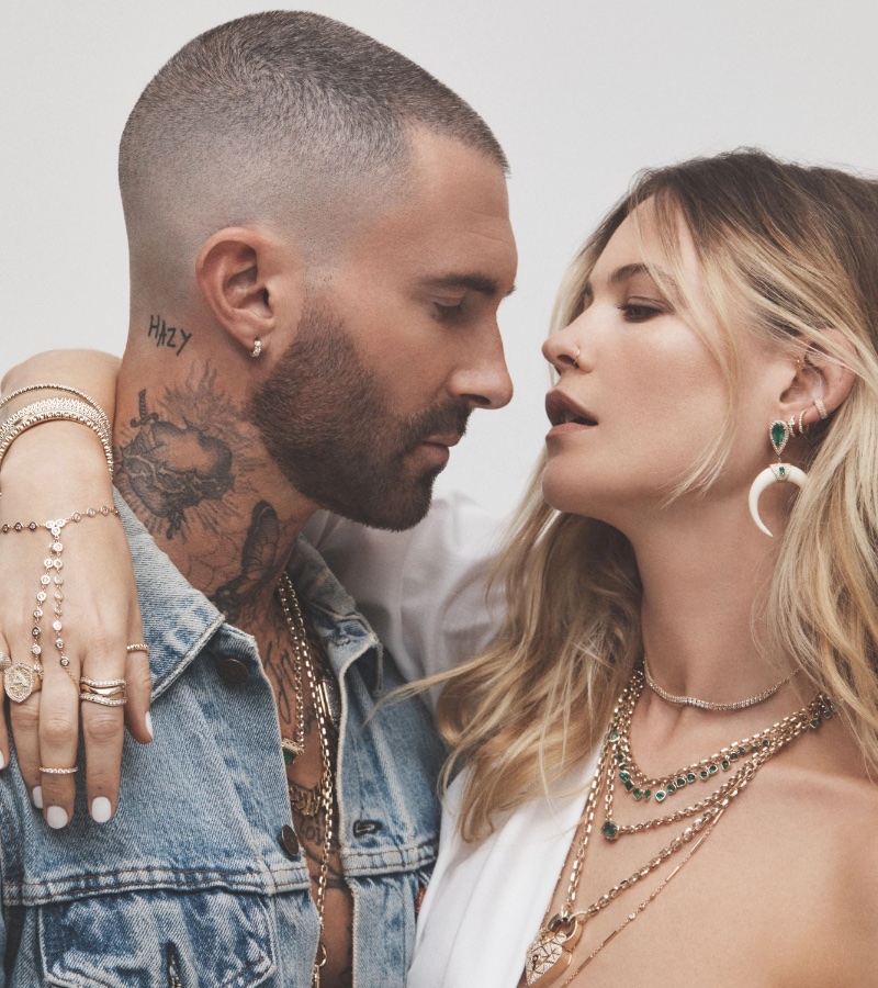 An intimate moment in the Jacquie Aiche ad captures Adam Levine and Behati Prinsloo adorned in the brand's jewelry. 