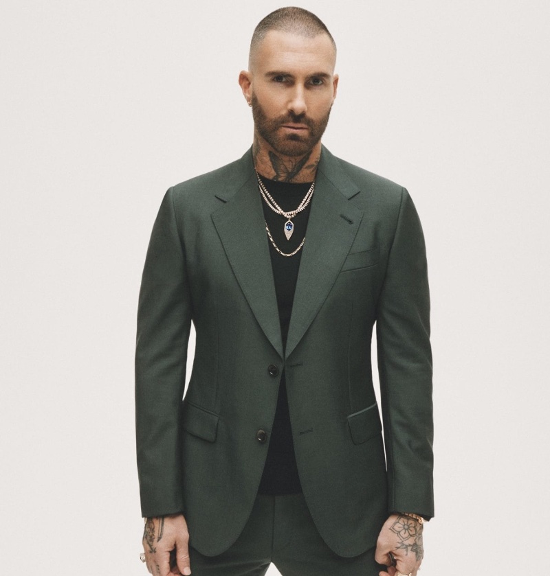 Adam Levine dons an elegant suit for Jacquie Aiche's campaign, accented by statement necklaces.