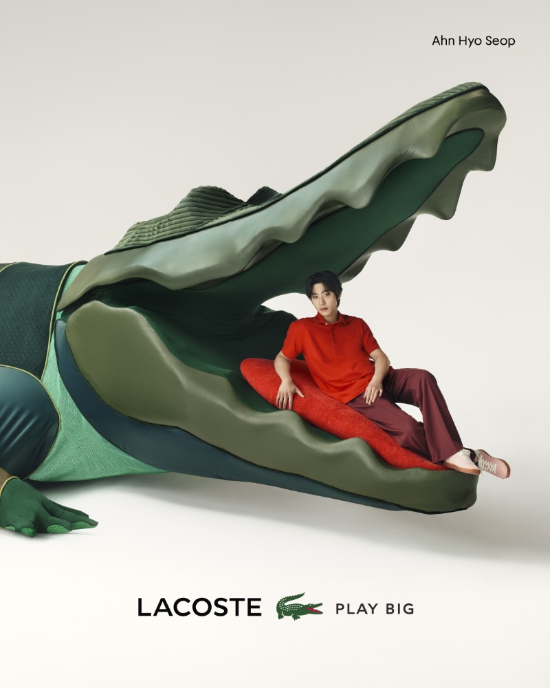Ahn Hyo-seop sports a classic red polo for the Lacoste Play Big campaign.