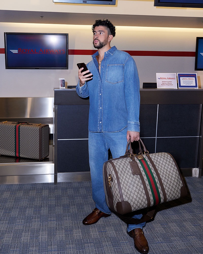 Traveling in style, Bad Bunny showcases Gucci Valigeria's timeless elegance with a signature monogram duffle.