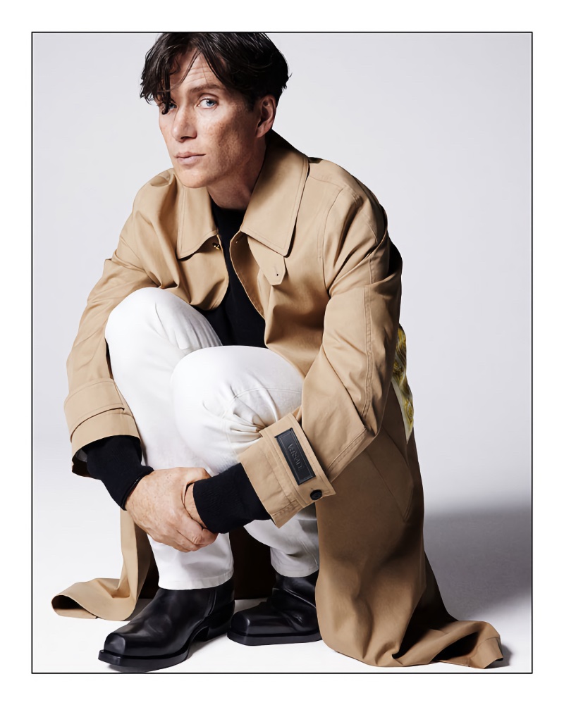 Donning a classic trench, Cillian Murphy stars in the Versace Icons campaign.